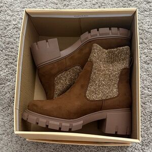 Chelsea Knit-Panel Chunky Booties in Brown